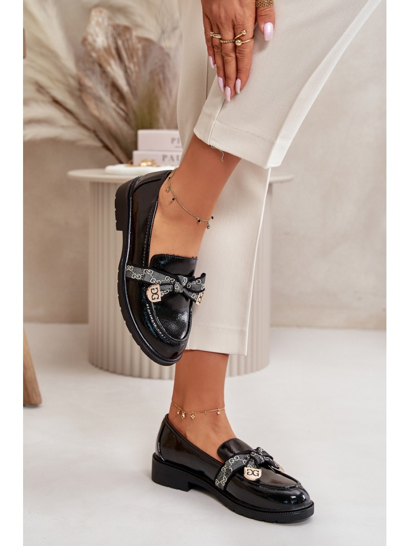 Patent Ladies Moccasins With Bow Black S.Barski HY42-331A