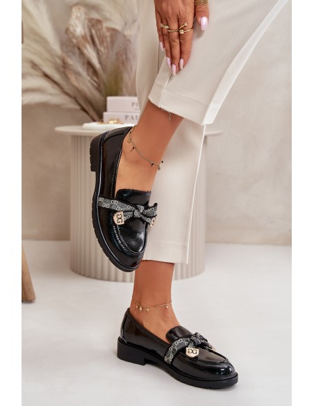 Patent Ladies Moccasins With Bow Black S.Barski HY42-331A