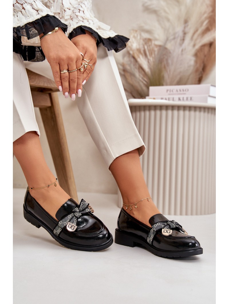 Patent Ladies Moccasins With Bow Black S.Barski HY42-331A