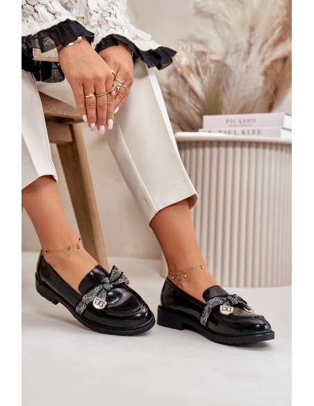 Patent Ladies Moccasins With Bow Black S.Barski HY42-331A