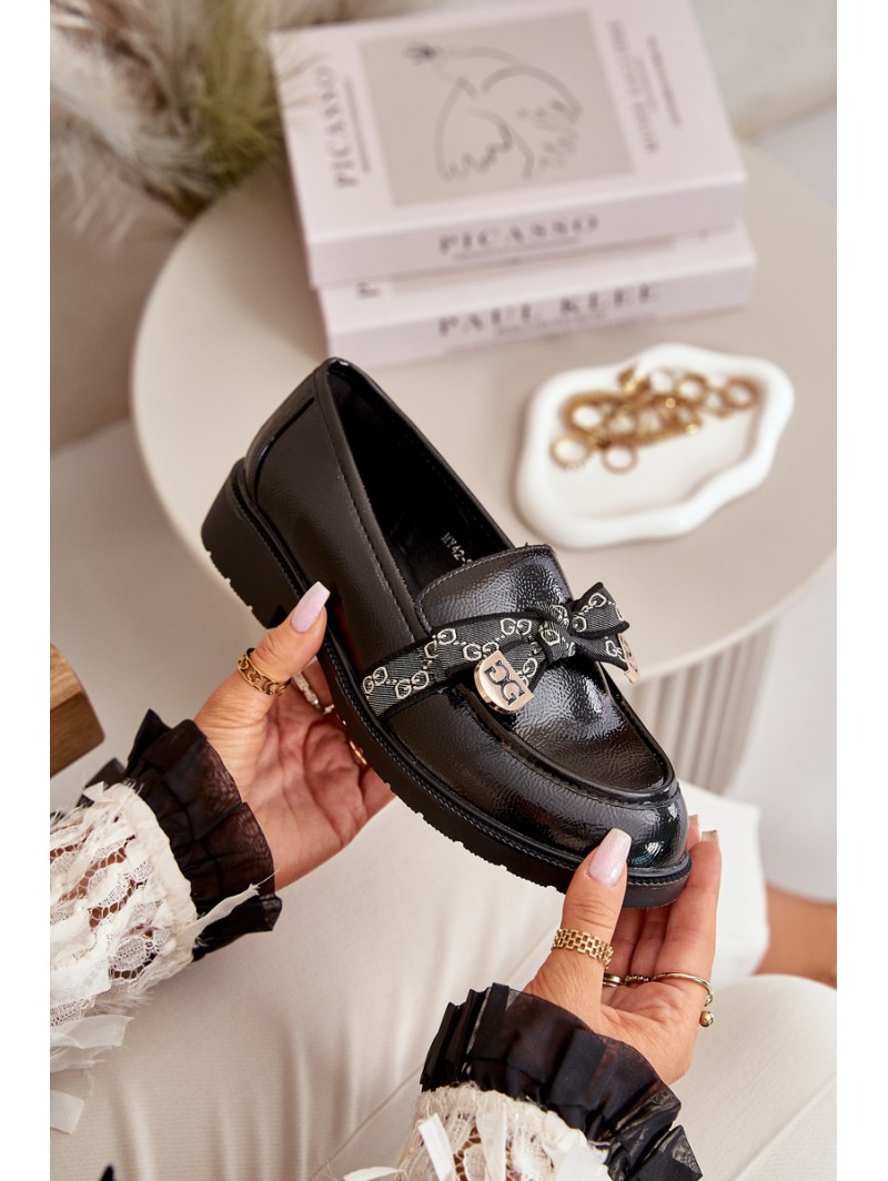 Patent Ladies Moccasins With Bow Black S.Barski HY42-331A