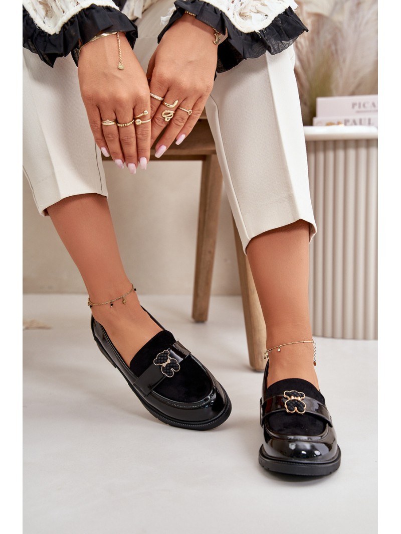 Lacquered Women's Moccasins With Bear Black S.Barski HY42-339A