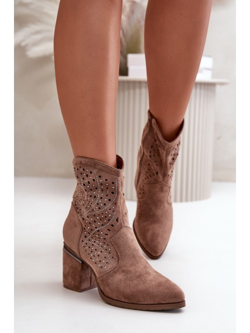 Embellished Women's Heeled Boots Made Of Eco Suede Brown S.Barski HY42-029 2