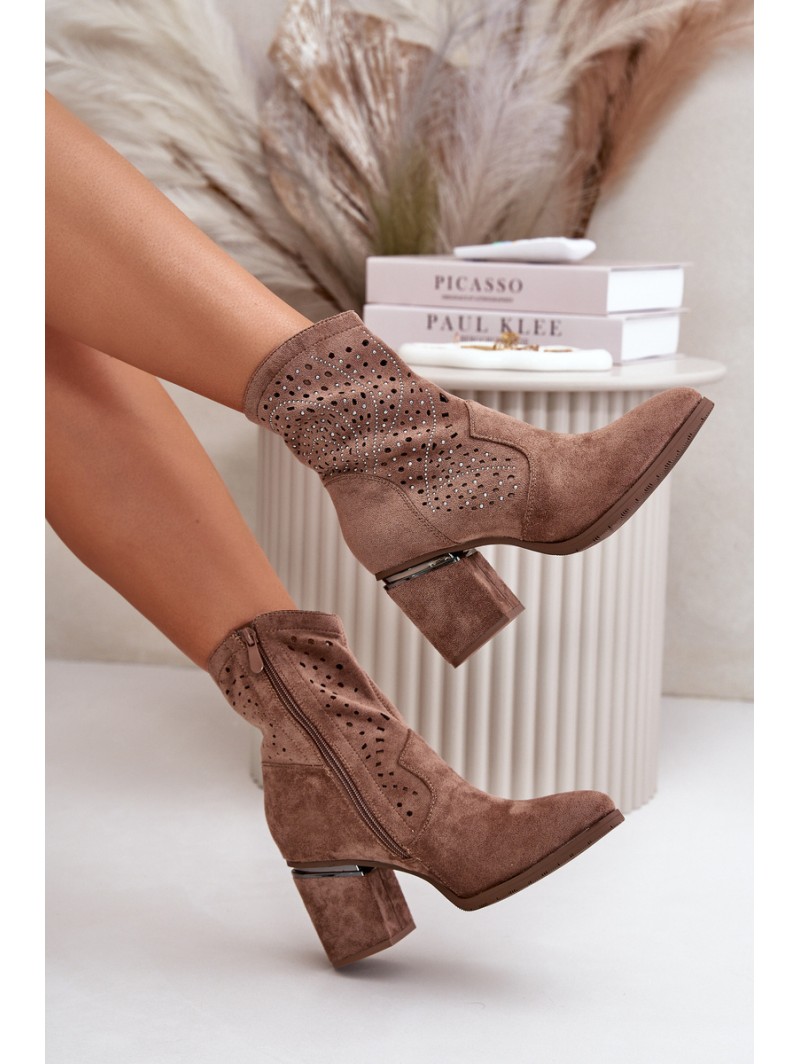 Embellished Women's Heeled Boots Made Of Eco Suede Brown S.Barski HY42-029
