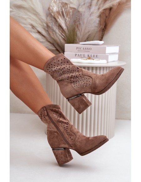 Embellished Women's Heeled Boots Made Of Eco Suede Brown S.Barski HY42-029