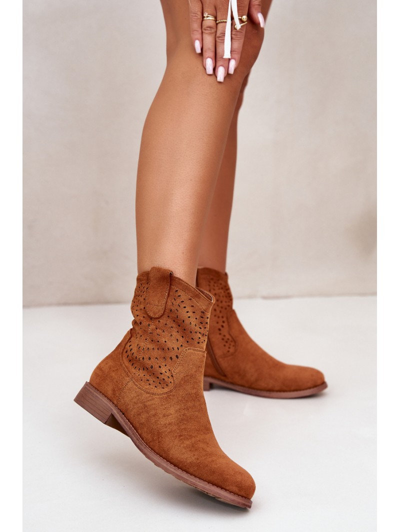 Women's Perforated Ankle Boots on Flat Heel Camel S.Barski HY42-135