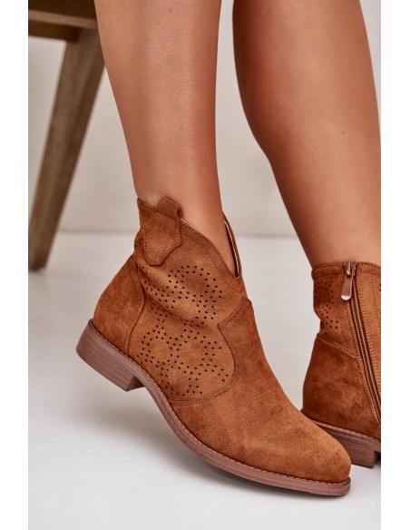 Ladies Cutout Ankle Boots On Flat Heel Camel S.Barski HY42-151