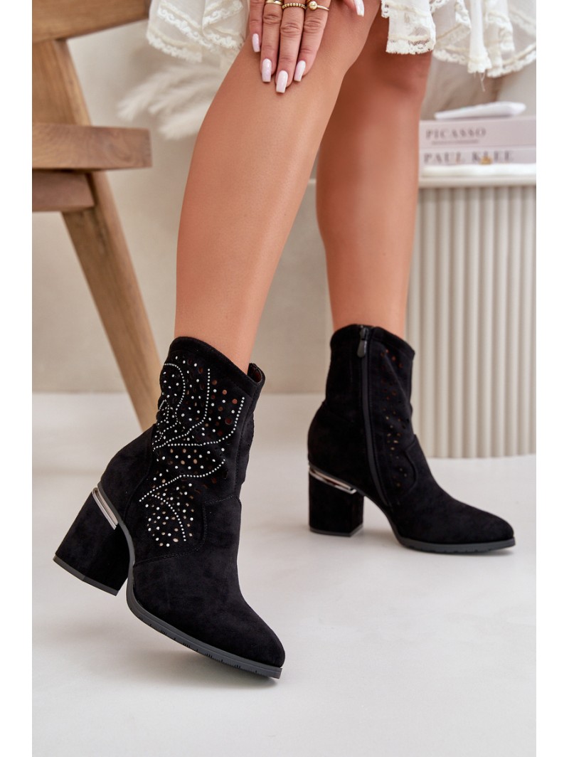 Embellished Perforated Women's Heeled Boots Made Of Eco Suede Black S.Barski HY42-029