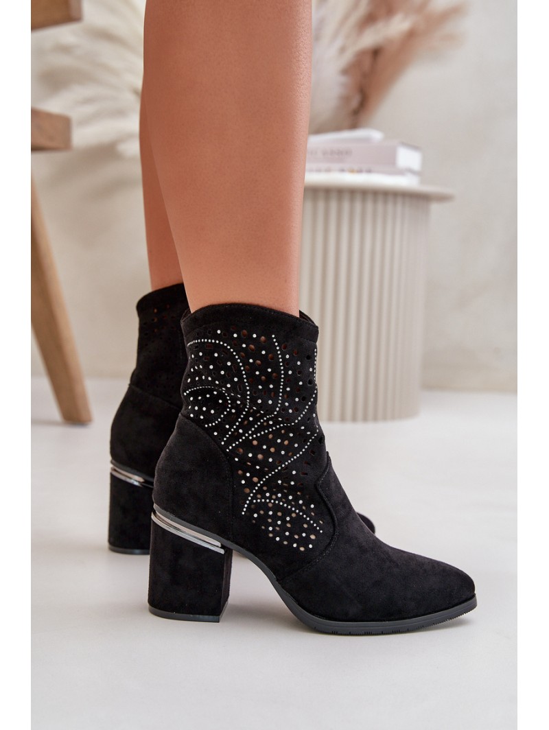 Embellished Perforated Women's Heeled Boots Made Of Eco Suede Black S.Barski HY42-029