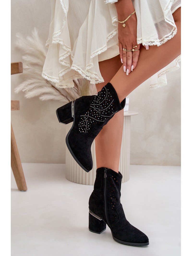 Embellished Perforated Women's Heeled Boots Made Of Eco Suede Black S.Barski HY42-029
