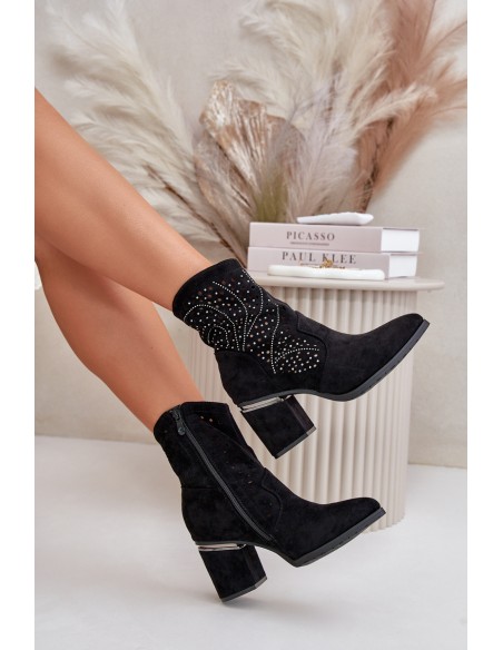 Embellished Perforated Women's Heeled Boots Made Of Eco Suede Black S.Barski HY42-029