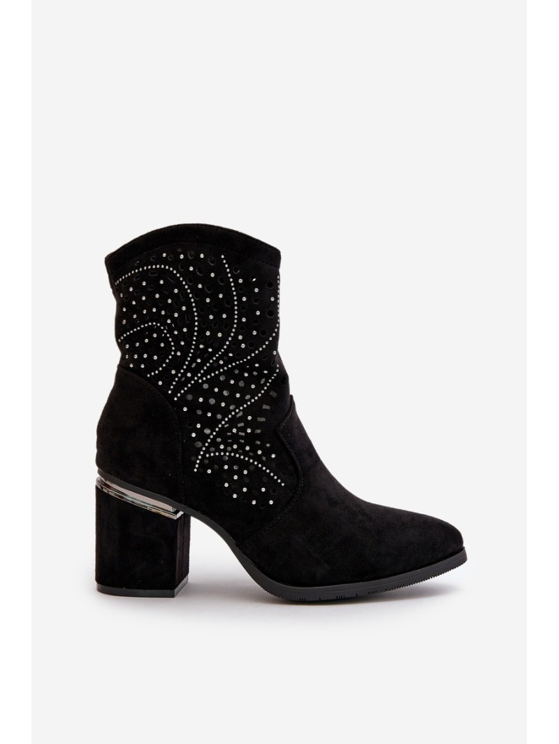 Embellished Perforated Women's Heeled Boots Made Of Eco Suede Black S.Barski HY42-029