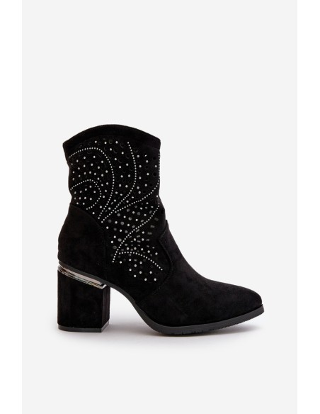 Embellished Perforated Women's Heeled Boots Made Of Eco Suede Black S.Barski HY42-029