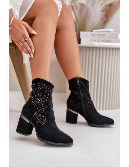Embellished Perforated Women's Heeled Boots Made Of Eco Suede Black S.Barski HY42-029