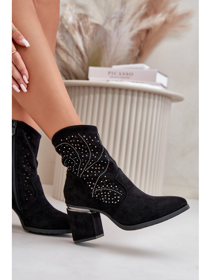 Embellished Perforated Women's Heeled Boots Made Of Eco Suede Black S.Barski HY42-029