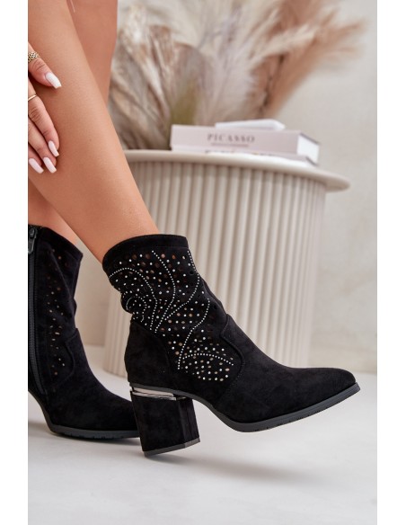 Embellished Perforated Women's Heeled Boots Made Of Eco Suede Black S.Barski HY42-029
