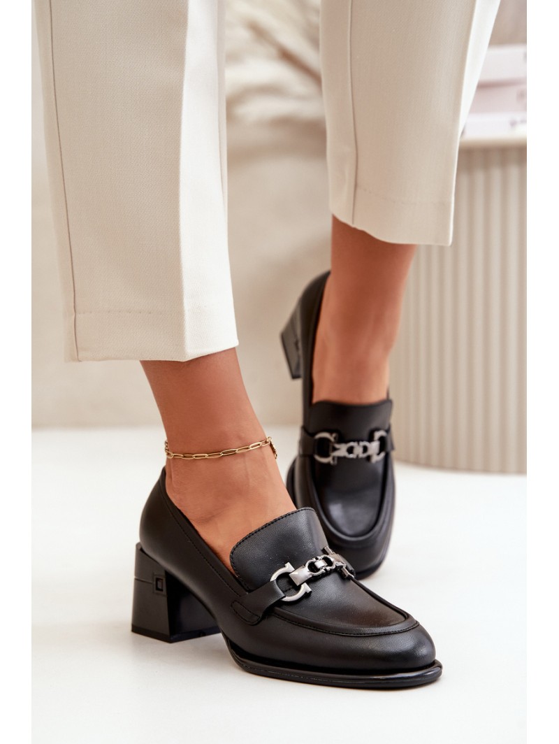 Elegant Leather Women's Heeled Shoes Black Vinceza 91116