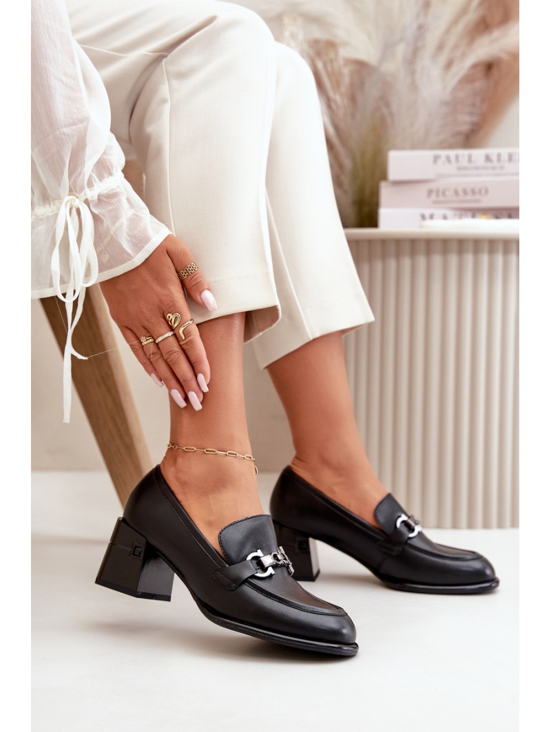 Elegant Leather Women's Heeled Shoes Black Vinceza 91116