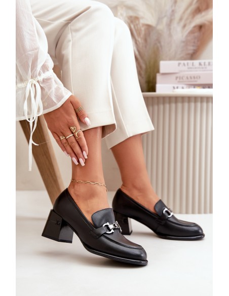 Elegant Leather Women's Heeled Shoes Black Vinceza 91116
