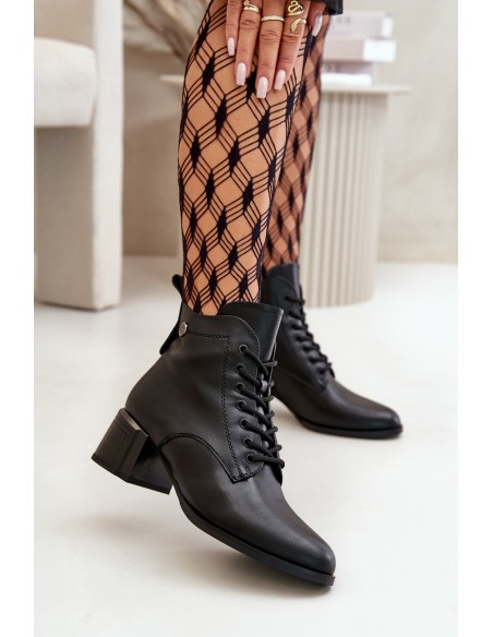 Lace Up Women's Heeled Boots Made Of Natural Leather Insulated Black Vinceza 91110
