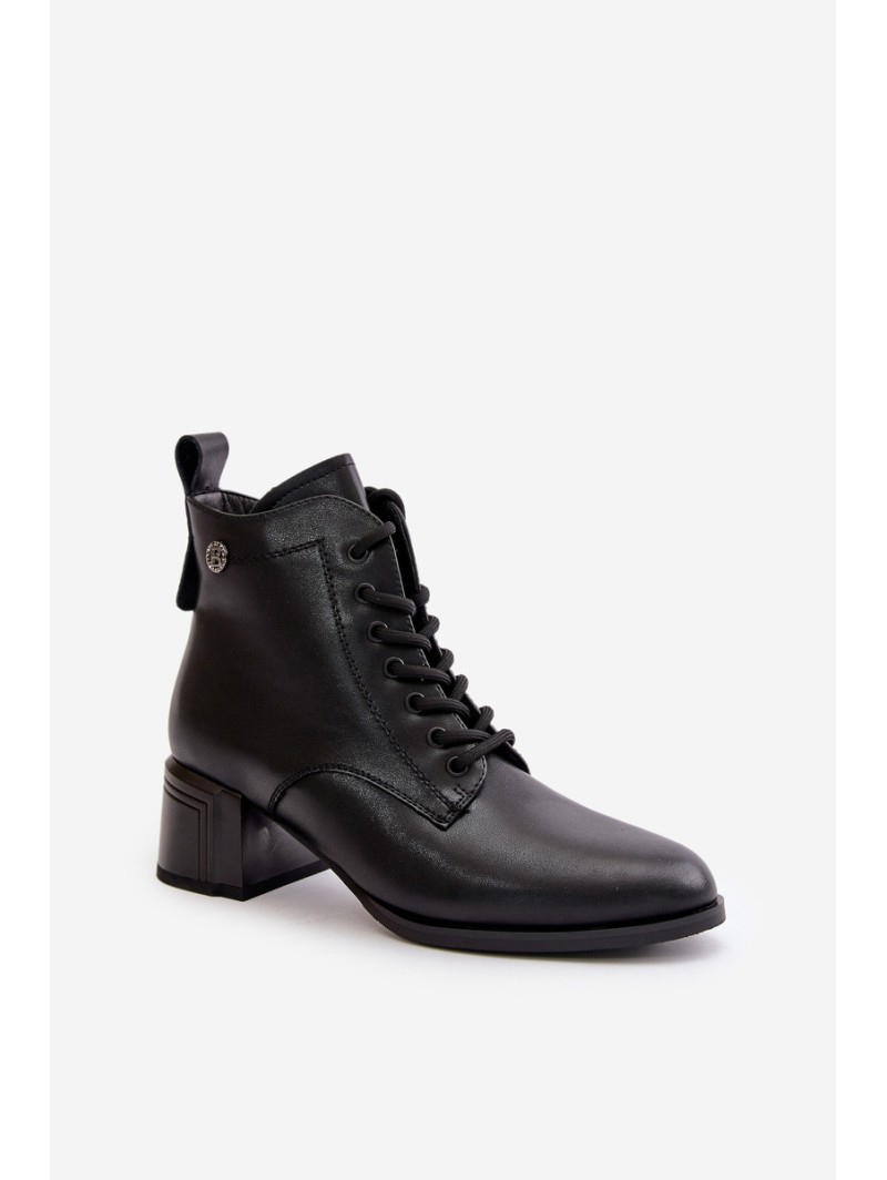 Lace Up Women's Heeled Boots Made Of Natural Leather Insulated Black Vinceza 91110