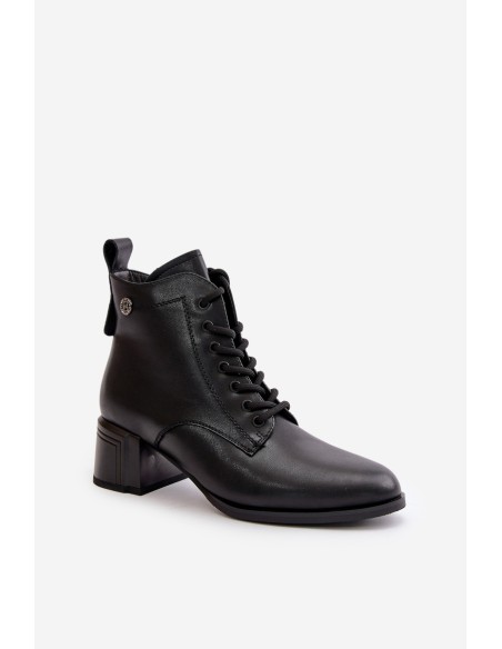 Lace Up Women's Heeled Boots Made Of Natural Leather Insulated Black Vinceza 91110