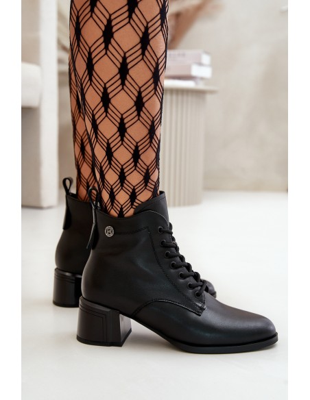Lace Up Women's Heeled Boots Made Of Natural Leather Insulated Black Vinceza 91110