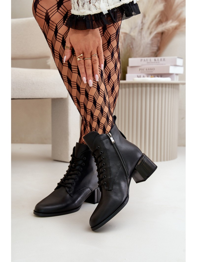 Lace Up Women's Heeled Boots Made Of Natural Leather Insulated Black Vinceza 91110
