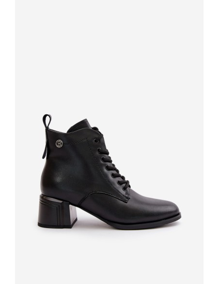 Lace Up Women's Heeled Boots Made Of Natural Leather Insulated Black Vinceza 91110