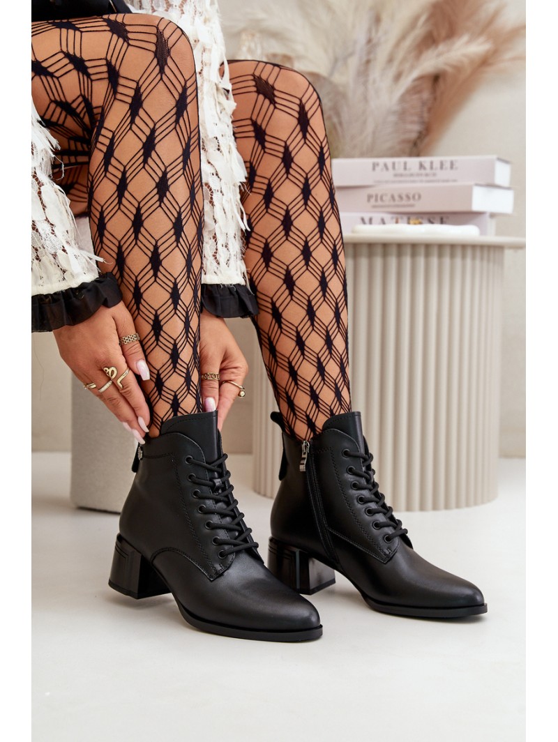 Lace Up Women's Heeled Boots Made Of Natural Leather Insulated Black Vinceza 91110
