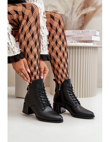 Lace Up Women's Heeled Boots Made Of Natural Leather Insulated Black Vinceza 91110