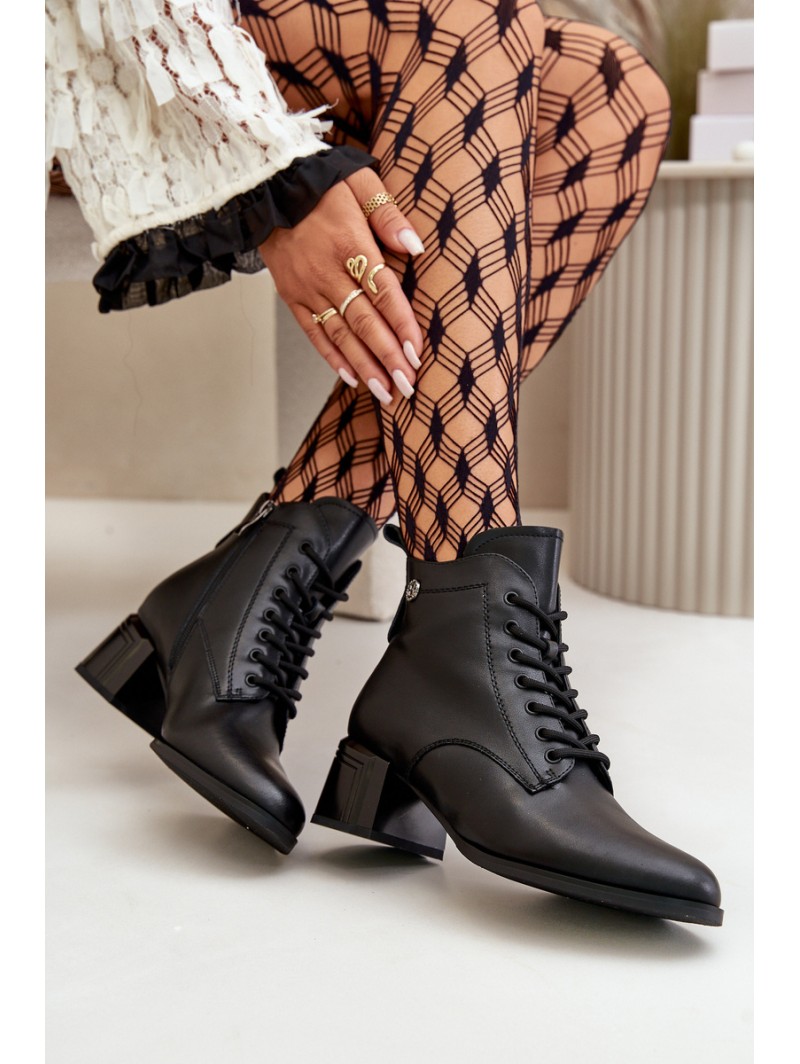 Lace Up Women's Heeled Boots Made Of Natural Leather Insulated Black Vinceza 91110