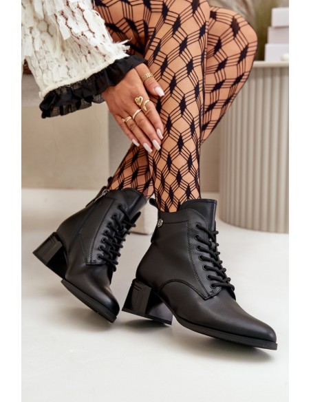 Lace Up Women's Heeled Boots Made Of Natural Leather Insulated Black Vinceza 91110