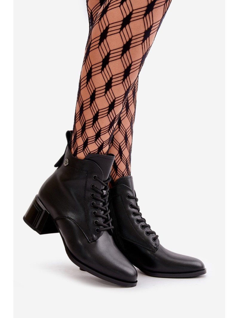 Lace Up Women's Heeled Boots Made Of Natural Leather Insulated Black Vinceza 91110