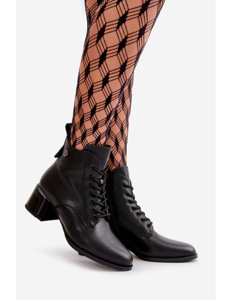 Lace Up Women's Heeled Boots Made Of Natural Leather Insulated Black Vinceza 91110