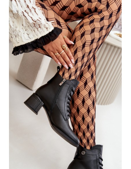 Lace Up Women's Heeled Boots Made Of Natural Leather Insulated Black Vinceza 91110