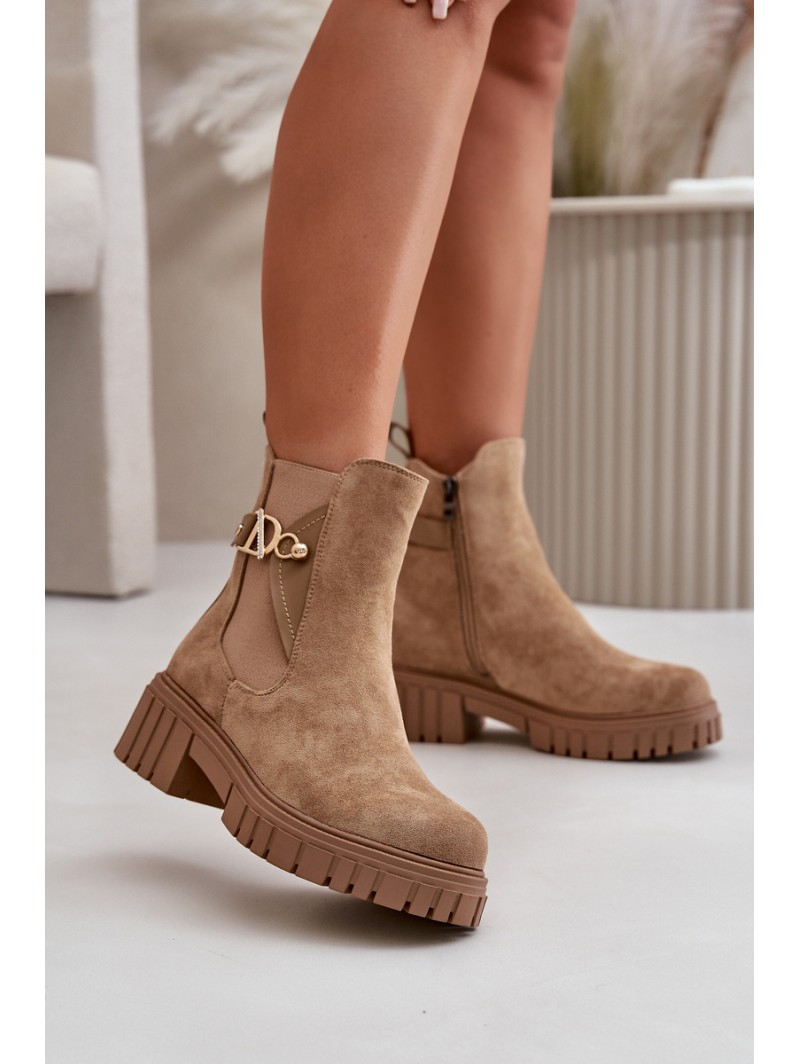 Warm Ladies Boots With Gold Detail Eco Suede Beige Bervena