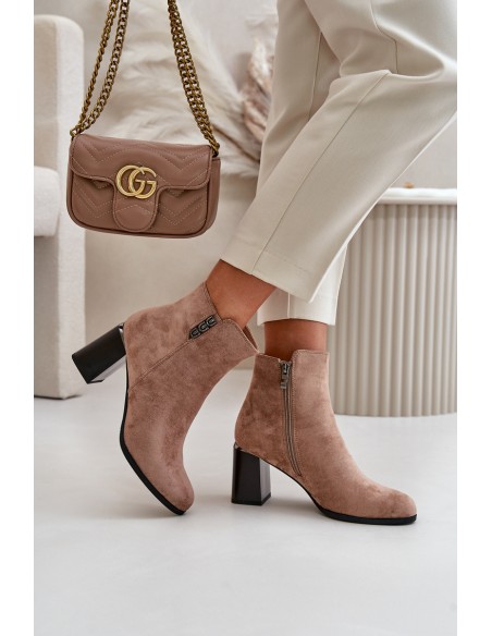 Warm Eco Suede Women's Ankle Boots With Heel Zip Fastening Brown Erillia