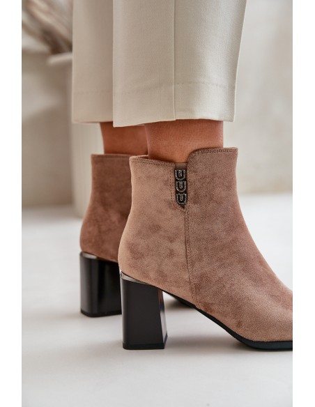 Warm Eco Suede Women's Ankle Boots With Heel Zip Fastening Brown Erillia