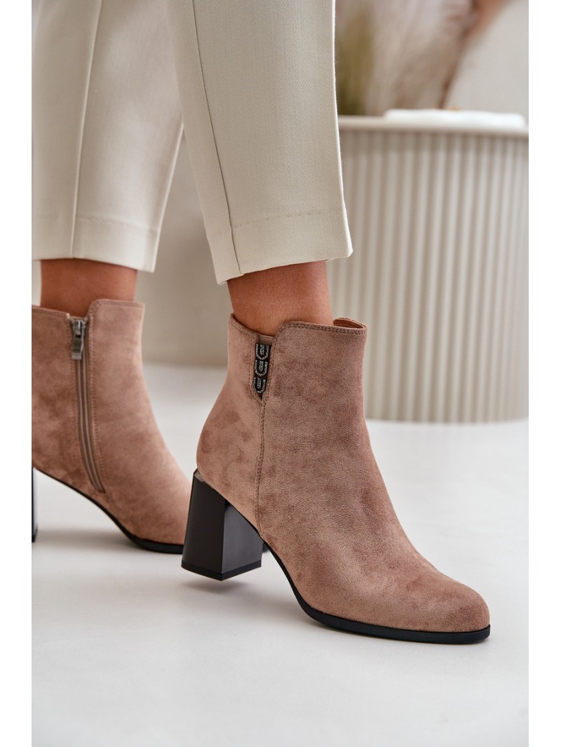 Warm Eco Suede Women's Ankle Boots With Heel Zip Fastening Brown Erillia