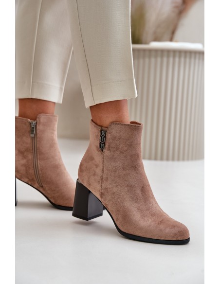 Warm Eco Suede Women's Ankle Boots With Heel Zip Fastening Brown Erillia