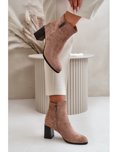 Warm Eco Suede Women's Ankle Boots With Heel Zip Fastening Brown Erillia