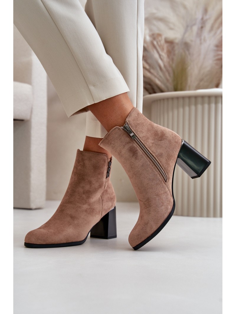 Warm Eco Suede Women's Ankle Boots With Heel Zip Fastening Brown Erillia