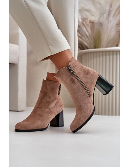 Warm Eco Suede Women's Ankle Boots With Heel Zip Fastening Brown Erillia