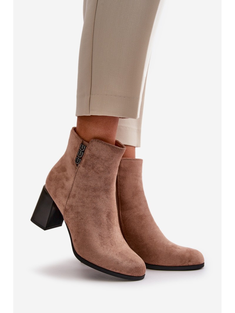 Warm Eco Suede Women's Ankle Boots With Heel Zip Fastening Brown Erillia