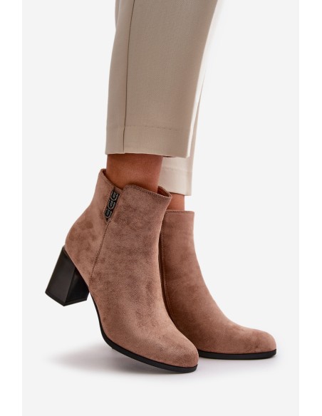 Warm Eco Suede Women's Ankle Boots With Heel Zip Fastening Brown Erillia