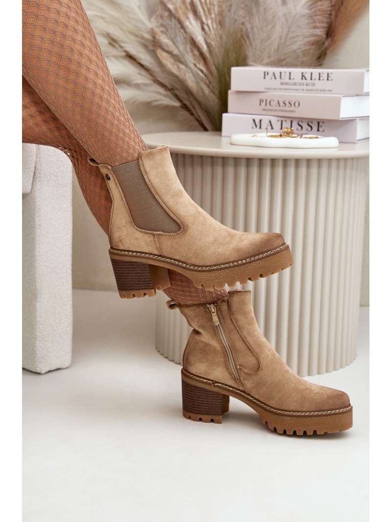 Women's Insulated Heeled Boots Eco Suede Beige Irissinae