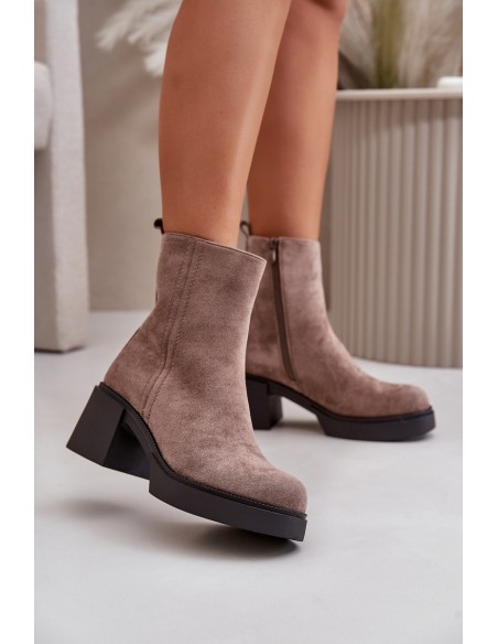 Eco Suede Women's Ankle Boots With Heel Insulated Dark Beige Meriluna
