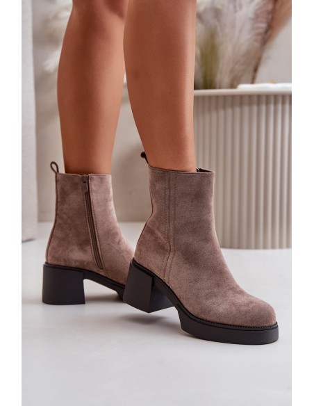Eco Suede Women's Ankle Boots With Heel Insulated Dark Beige Meriluna