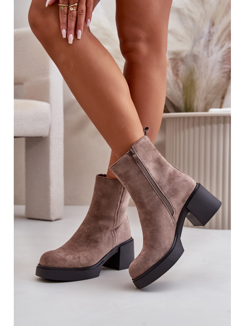 Eco Suede Women's Ankle Boots With Heel Insulated Dark Beige Meriluna